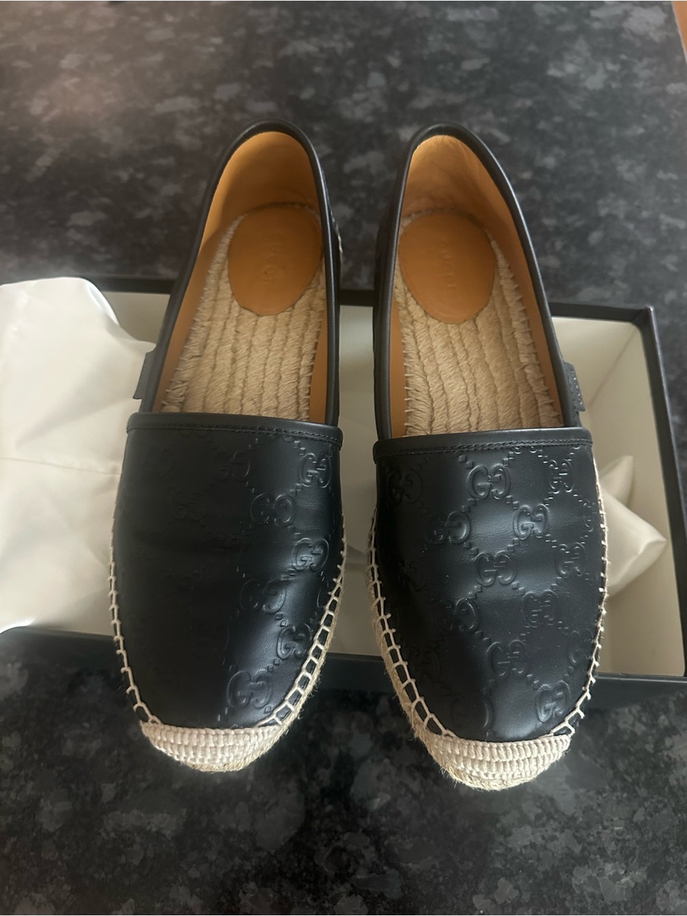 Gucci Black Embossed Leather Espadrilles with Jute Trim